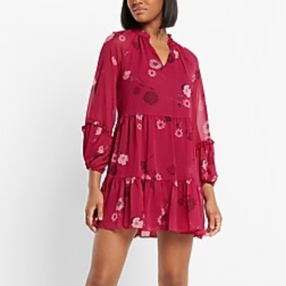 Express Floral Long Sleeve Tiered Trapeze Dress - M